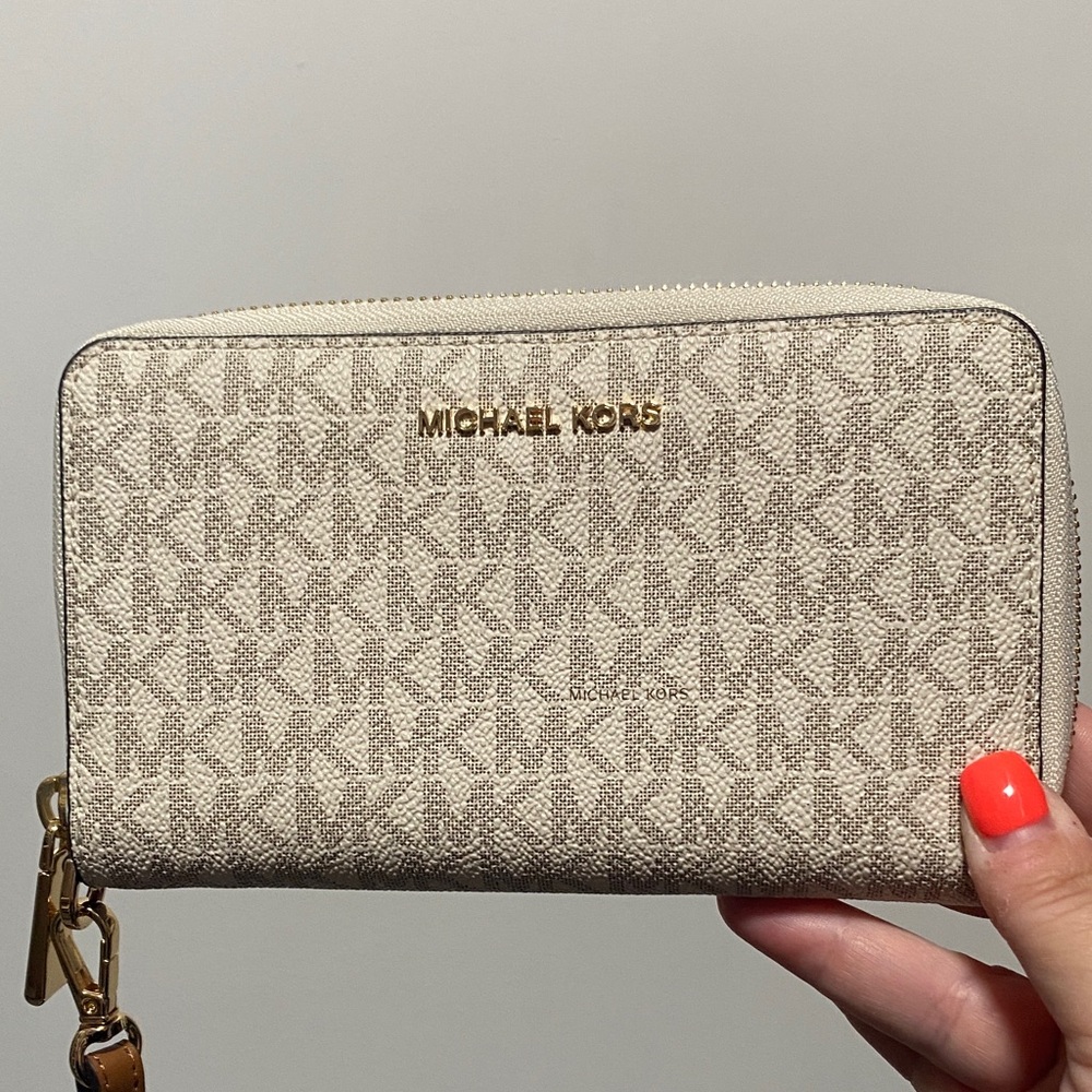 Michael Kors Monogram Zip-Around Wallet with Gold Hardware